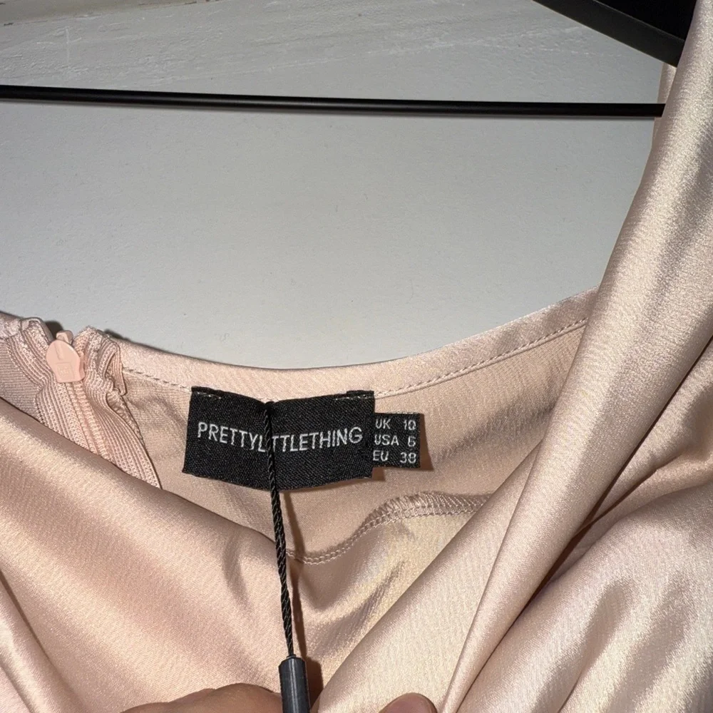PrettyLittleThing Asymmetrical Off-Shoulder Dress in Cream - Picture 6 of 8